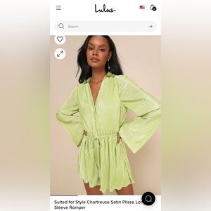 Lulus Green Suited for Style Chartreuse Satin Plisse Long Sleeve Romper